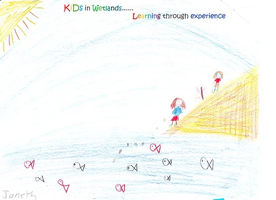 Kids in Wetlands Learning Through Experience drawing. Child's crayon drawing with sun in the upper left and two children on the shore of a body of water in which fish swim.