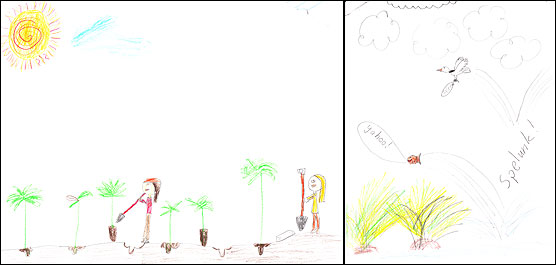 Drawings from Pleasant Valley Elementary 4th Graders. Left panel shows children planting vegetation. Right panel shows a bird flying and a fish leaping out of the water over some reeds.
