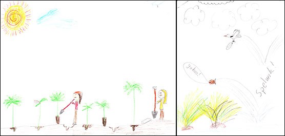 Drawings from Pleasant Valley Elementary 4th Graders. Left panel shows children planting vegetation. Right panel shows a bird flying and a fish leaping out of the water over some reeds.