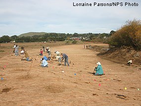 Volunteers from the public and local community helping to plant the former riprap area after riprap has been largely removed and the banks have been regraded to a more gradual slope.