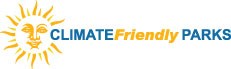 The logo for Climate Friendly Parks, featuring those words to the right of a cartoon of a smiling sun.