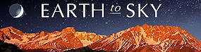 The words "Earth to Sky" to the right of a crescent moon and above mountains partially covered in snow.