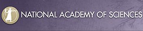 The words "National Academy of Sciences" in a rectangle with a purple background. On the left is a gold-colored circle with the silhouette of someone in a toga carrying a torch in their right hand and pointing to the right with their left hand.