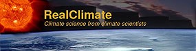 The words "RealClimate. Climate science from climate scientists" to the right of a photo of the sun and above a photo of a small section of the horizon of Earth taken from space.