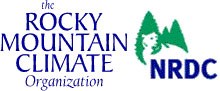 The words "Rocky Mountain Climate Organization" to the left of a green cartoon of a bear silhouetted against trees and the letters NRDC.