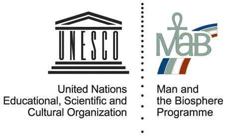 Two logos side by side: a cartoon of a classical building with the letters UNESCO serving as pillars; a blue, green, white and red rainbow with the letters MAB.