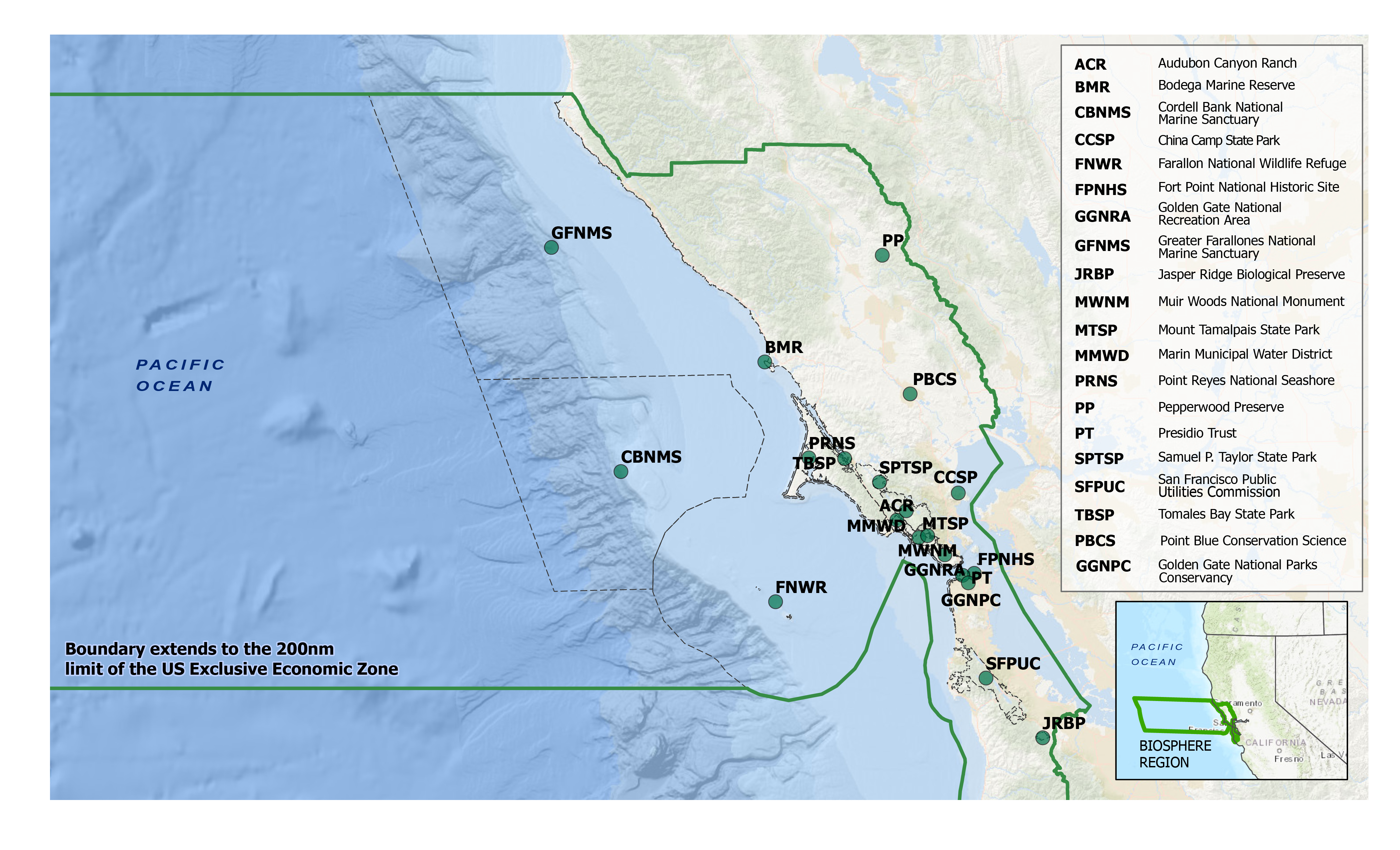 A map of the Golden Gate Biosphere Network, highlighting the protected lands and waters along Central California's coast.