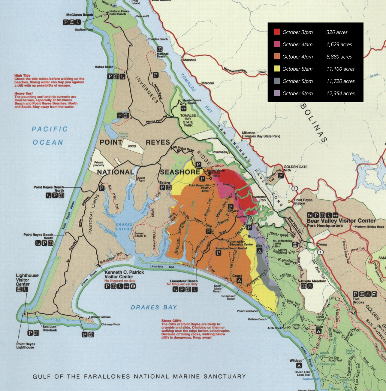 A map of Point Reyes National Seashore showing the areas that were burned by the 1995 Vision Fire on October 3, October 4, October 5, and October 6.
