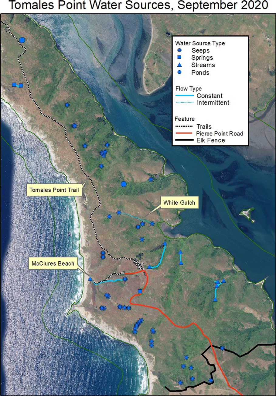 A map identifying the locations of water sources on Tomales Point as of September 2020.