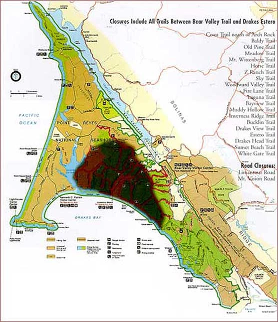 A map of Vision Fire-related trail closures as of October 21, 1995. A color map of Point Reyes National Seashore with a dark area in the center of the map indicating that trails are closed in that zone.