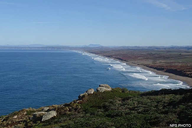 A photo taken from a tall headland of a long, straight, sandy beach stretching into the distance with the Pacific Ocean on the left.