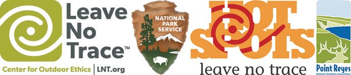 Logos of Leave No Trace, the National Park Service, Hot Spots Leave No Trace, and the Point Reyes National Seashore Association.