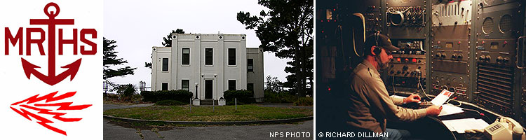 Three images: 1) the logo for the Maritime Radio Historical Society, composed of the initials MRHS in red, a cartoon of an anchor and radio waves; 2) a white art deco building behind a grassy oval; a male radio operator sitting at a radio board.