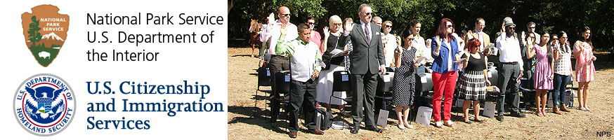 Logos for the National Park Service and the U.S. Citizenship and Immigration Service (left) and a picture of citizenship candidates taking an oath during the 2015 Naturalization Ceremony at Point Reyes National Seashore.