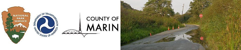 NPS, USDOT, and County of Marin logos and image of the partially flooded Sir Francis Drake Boulevard. From left to right: the logos of the National Park Service, Department of Transportation, and the County of Marin, followed by an image of a partially flooded road.