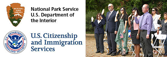 Left: Logos for the National Park Service and the U.S. Citizenship and Immigration Service. Right: A picture of citizenship candidates taking an oath during the 2013 Naturalization Ceremony at Point Reyes National Seashore.