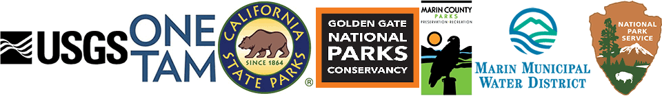Logos for the USGS, One Tam, California State Parks, Golden Gate National Parks Conservancy, Marin County Parks, Marin Municipal Water District, and the National Park Service.