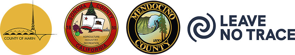 The seals of the counties of Marin, Sonoma, and Mendocino and the Leave No Trace Logo.