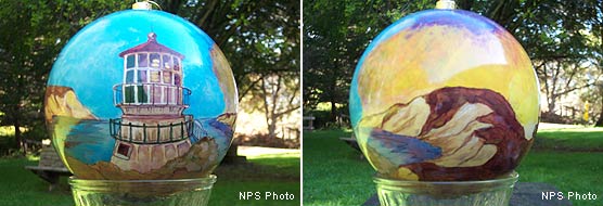 Bobbie Belvel decorated this large gold ornament with two scenes of the historic Point Reyes Lighthouse (one of which is shown on the left) and two images of the cliffs of Drakes Beach (one of which is shown on the right).