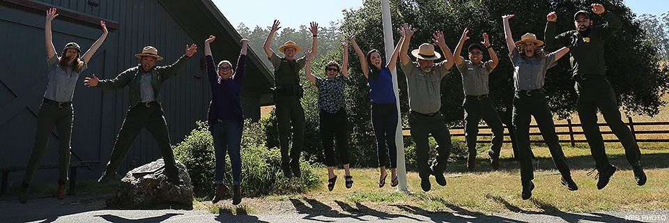 Ten members of Point Reyes National Seashore's Social Media Team leaping in the air. Ten members of Point Reyes National Seashore's Social Media Team leaping in the air.