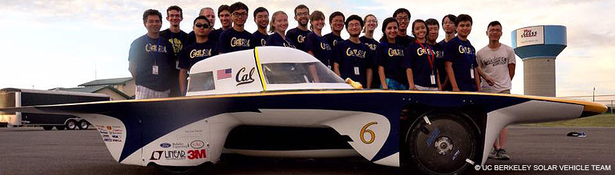 UC Berkeley's Solar Vehicle Team standing behind the Zephyr, a solar-powered vehicle.