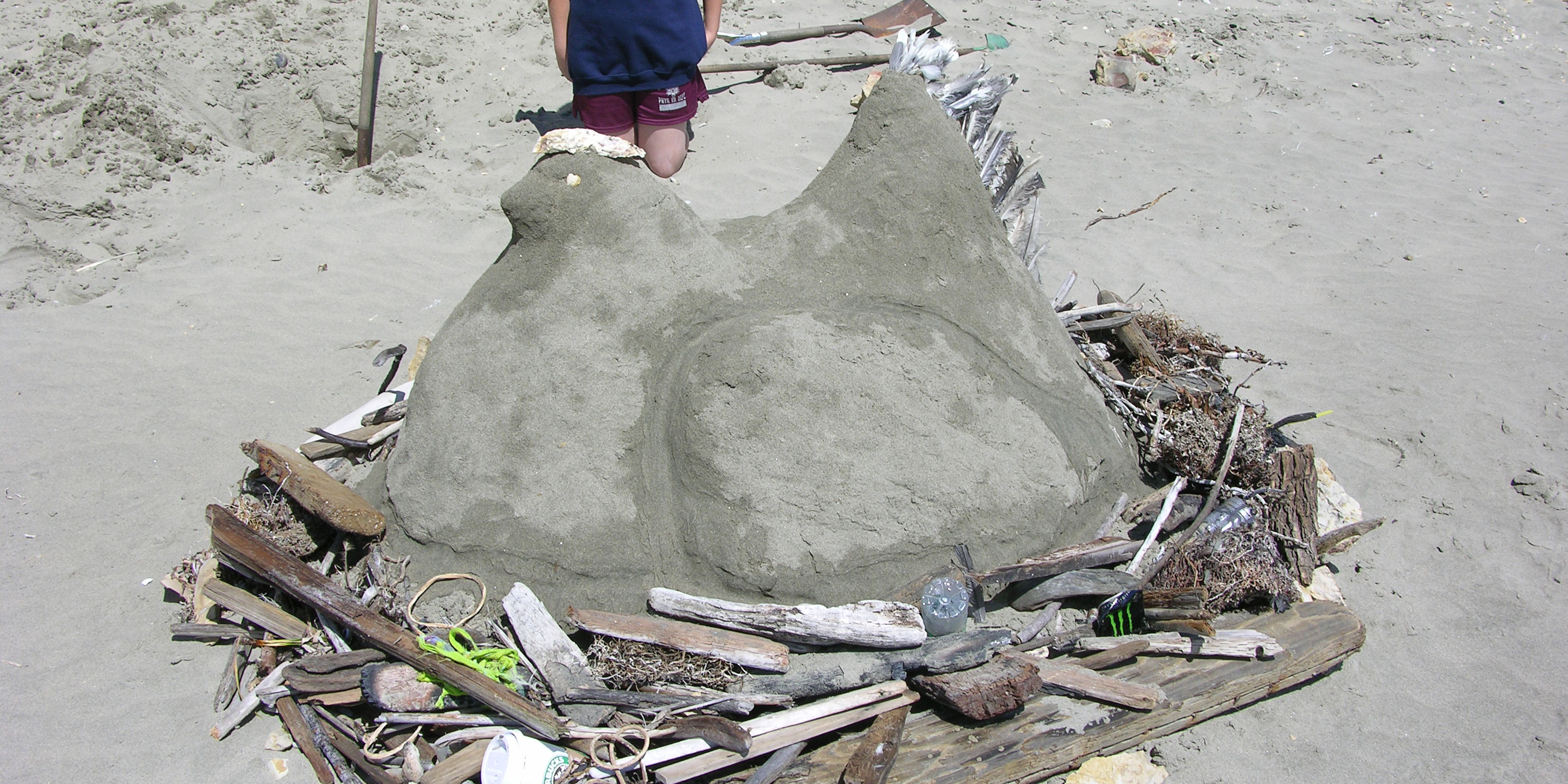 A sand sculpture of a chicken sitting on a nest made of driftwood and marine debris.