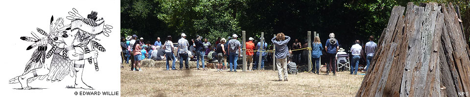 Two images. On the left, a line drawing by Edward Willie of a Miwok dancer. On the right, a photograph of many visitors watching dancers during 2014 Big Time Festival with a redwood kotcha in the right foreground.