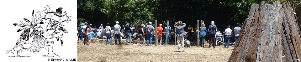 A black and white drawing of a ceremonial Coast Miwok dancer on the left and a photo on the right of many people standing in a line to the left of a small wooden cone-shaped structure, which is in the foreground..