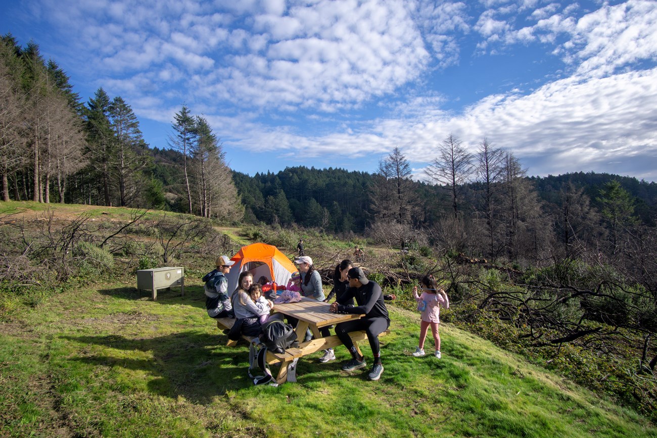 A family of seven sit around a picnic table in a grassy campsite surrounded by shrubs and an orange tent.