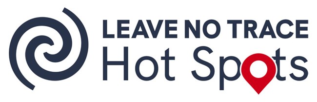 Two dark gray lines form a spiral pattern adjacent to the words Leave No Trace, which are above the words Hot Spots.