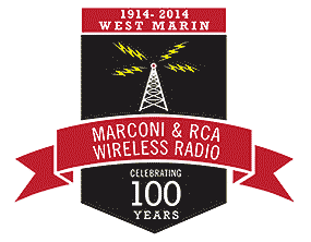 The logo for the West Marin Marconi & RCA Wireless Radio Centennial Celebration, featuring a cartoon of a triangular radio tower with lightning bolts emanating from its top.