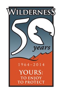 Logo for the Wilderness Act's 50th Anniversary Celebration. Text: "Wilderness 50 Years; 1964-2014; Yours to Enjoy and to Protect." The zero of number fifty appears as a moon with the silhouette of a wolf over an orange landscape.