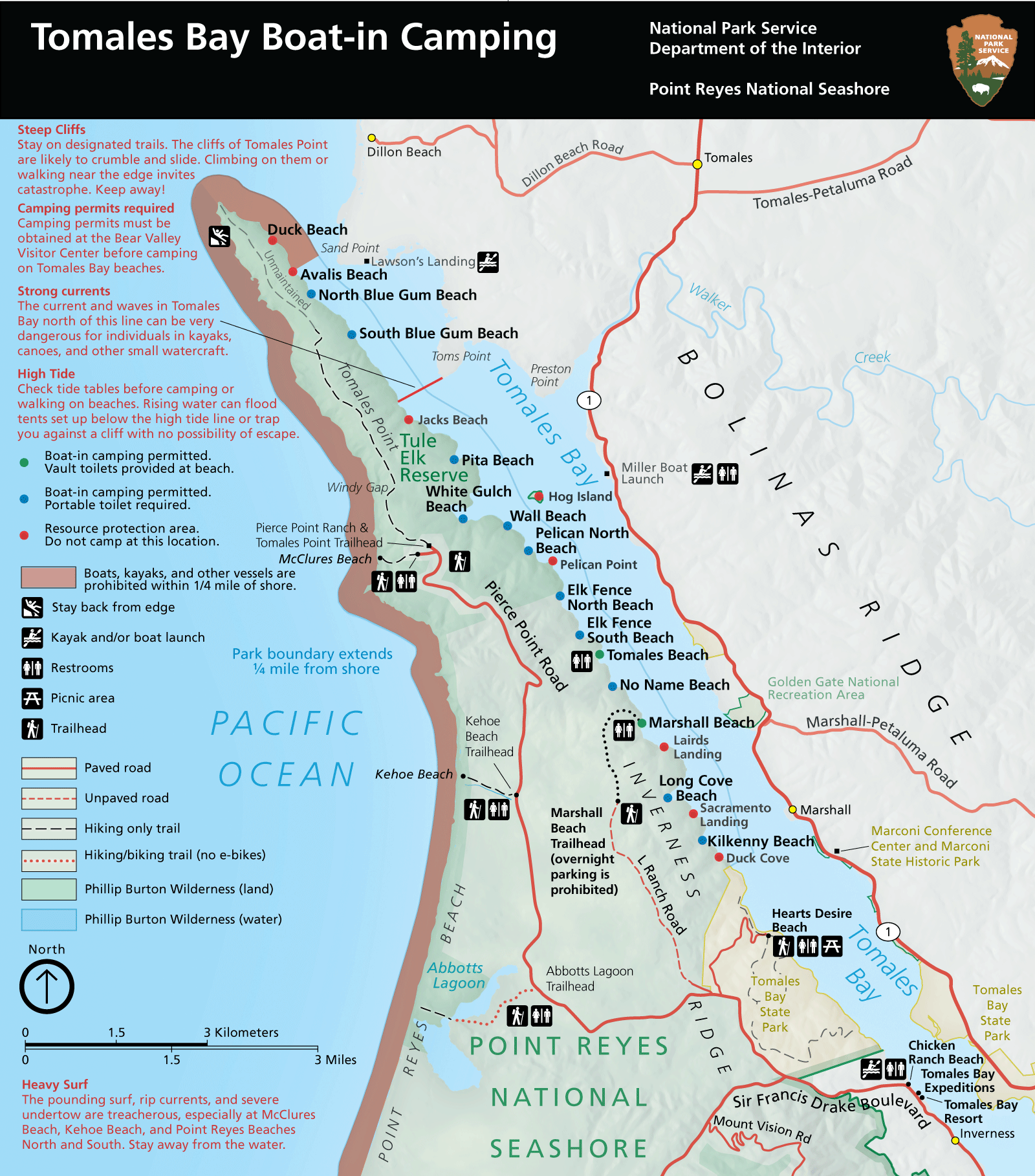 A map for locating beaches along Tomales Bay upon which camping is permitted. Click on this image to download a higher resolution PDF version of the map that also contains more detailed alt text.