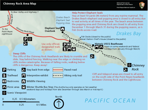 A map of the Chimney Rock peninsula, showing the locations of the roads, trails, historic Lifeboat Station, and Elephant Seal Overlook. (Click on this image to download a higher resolution map.)