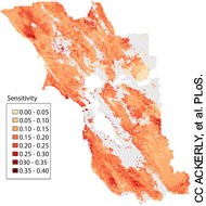 A map of the San Francisco Bay Area showing the projected sensitivity of vegetation to climate change in shades of red, with dark red being the most sensitive areas.