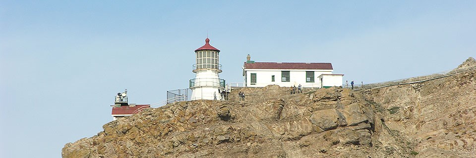 A white-sided, red-roofed, three-story lighthouse and three other white buildings on barren rock.