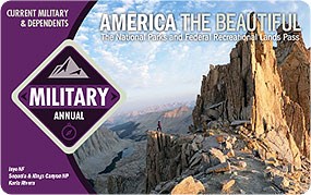 Image of the 2023 Interagency Annual Pass for Active U.S. Military (and Their Dependents), which features a hiker standing at the edge of a mountain clifftop.
