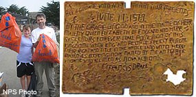 Two photos side-by-side. Left photo: Two volunteers holding orange trash bags filled with marine debris. Right photo: a bronze rectangular plate covered in writing.