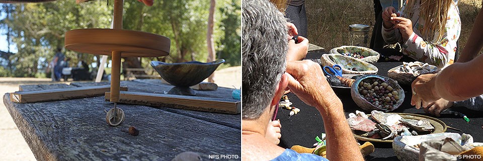Two photos. Photo on the left: A nail-tipped dowel which passes through a circular wooden disk is used to drill a hole in a snail's shell. Photo on the right: Abalone shells on a table contain various beads. People surrounding the table make bead jewelry.