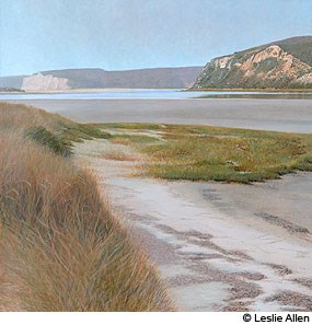 A painting of a shallow estuary surrounded by grass covered bluffs.