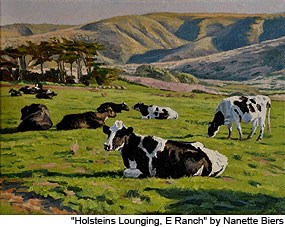 An oil painting of black-and-white cows grazing and lounging in a green pasture with a few trees and hills in the background.
