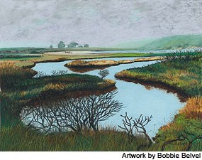A watercolor painting of a wetland divided by a sinuous stream