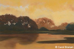A color painting of low, round-topped trees on the edge of a body of water as seen through yellow-tinged fog.