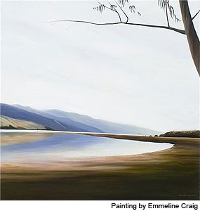 A watercolor painting of a shallow lagoon bounded by mudflats on the right and green hills rising to the left in the distance.