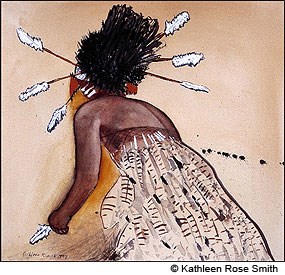 A watercolor painting of a Coast Miwok dancer dressed in a feather skirt with a headdress with six feathers.