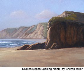 An oil painting of a sandy beach in the foreground and low coastal bluffs rising above water in the background.