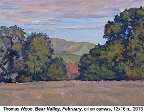 An oil painting of a grassy meadow in the foreground, deciduous trees in the mid-distance, and a green ridge in the distance.