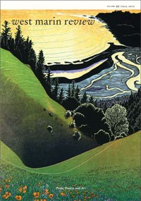 The cover of West Marin Review, volume3, which features a color drawing of meadow and forested hills in the foreground and an estuary, sand spit, and bay in the distance.