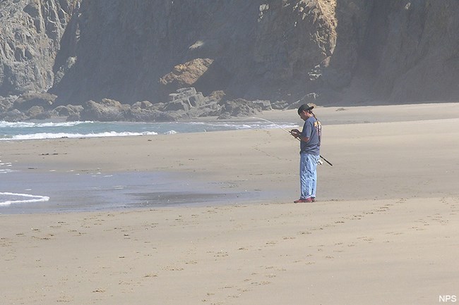 A lone person fishing on a sandy beach with bluffs rising in the background.