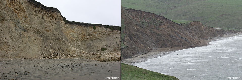 Two photos: (Left) A relatively small amount of rockfall at the base of a beige beach-side bluff. (Right) Brown debris from large landslide covers a section of beach.